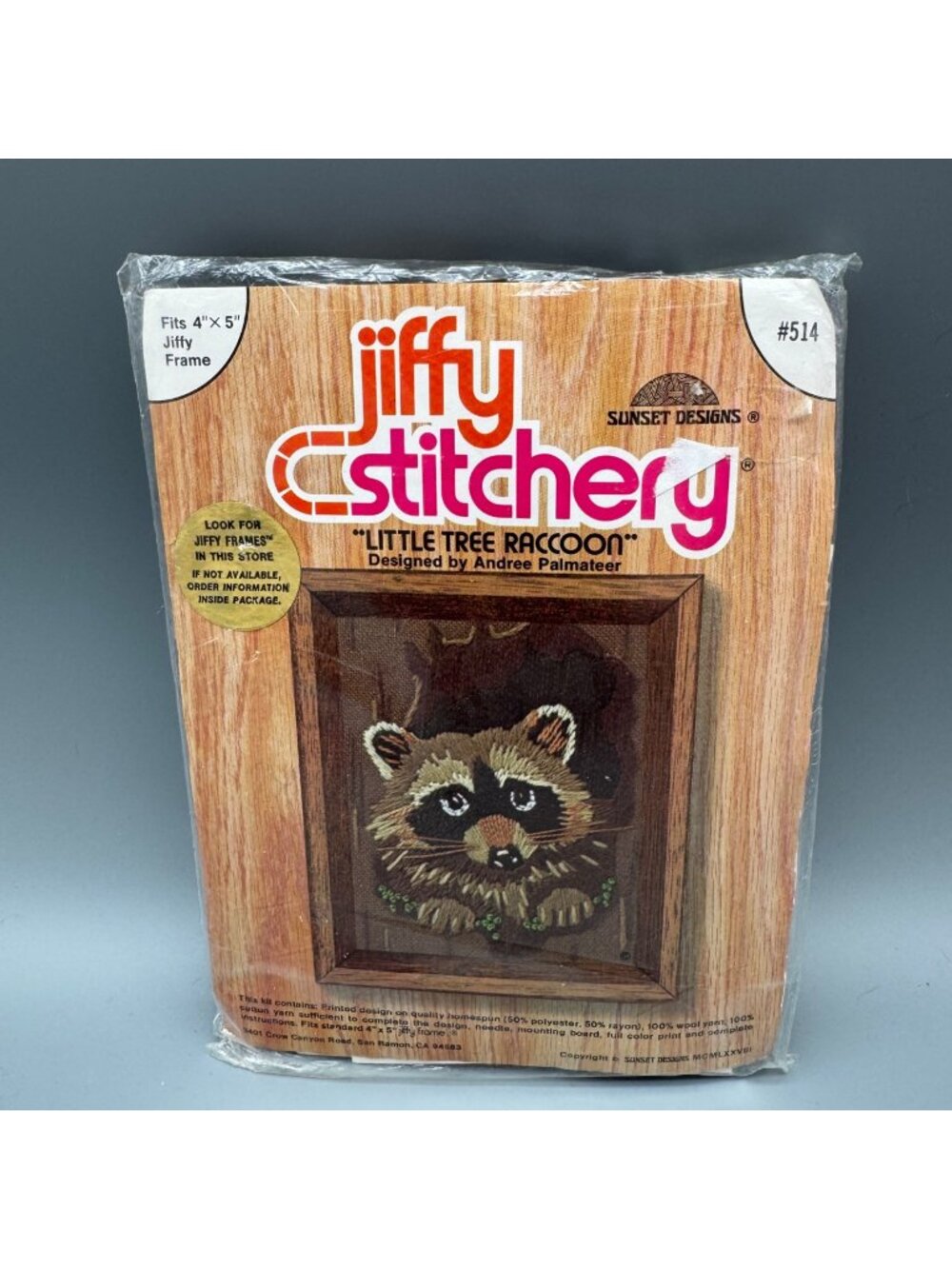 Vintage Jiffy Stitchery Little Tree Raccoon Kit Sunset Designs Crewel Needlework